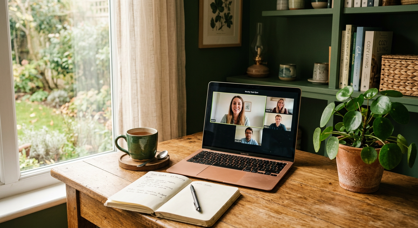 Espacio de trabajo con una sesión de videollamada, té y un cuaderno